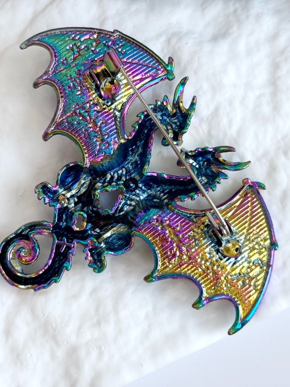 Iridescent Twin Dragon Figural Rhinestone Accented Vintage Inspired Brooch Pin - Picture 9 of 16